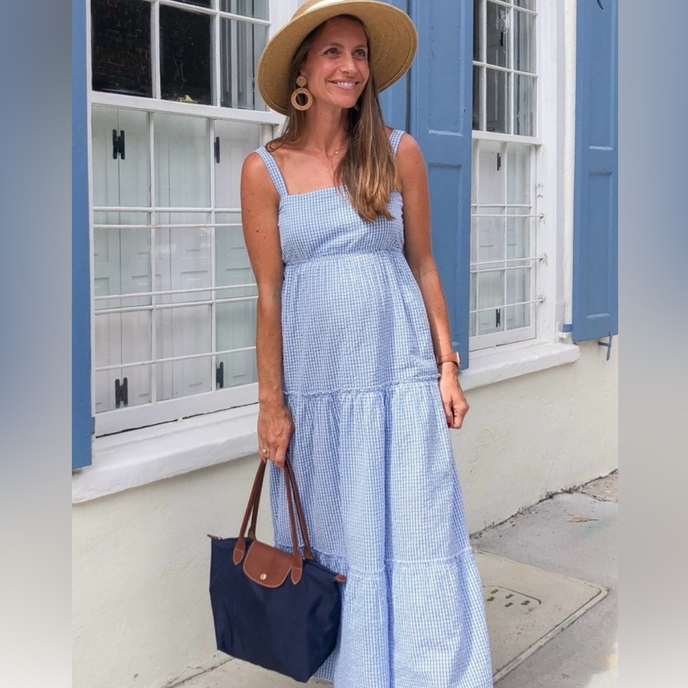 Madison Mathew’s Blue Striped Seersucker Maxi Dress. Size XS.